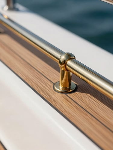 Extreme close-up of polished brass and teak wood on a luxury yacht deck, sun-drenched natural daylight, shallow depth of field, 35mm