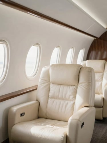 Sun-drenched minimalist private jet cabin interior, soft natural light flowing through windows, cream leather seating, shallow depth of field, 35mm