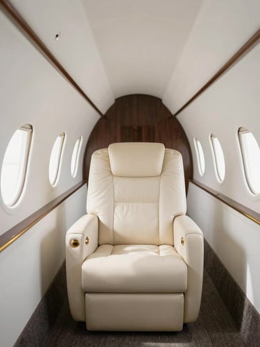 Minimalist private jet cabin interior in soft natural daylight, cream leather seats, gold accents, high-key editorial photography, 35mm