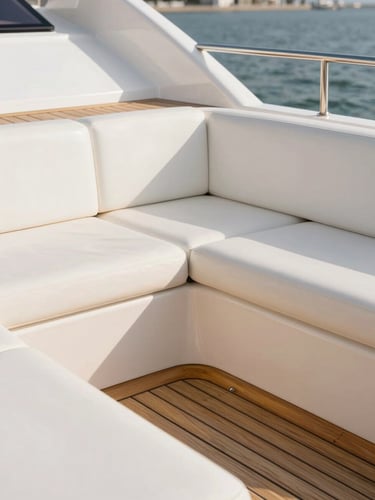 Sun-drenched minimalist luxury yacht deck, white leather seating, polished teak wood, golden hour light, 35mm editorial photography