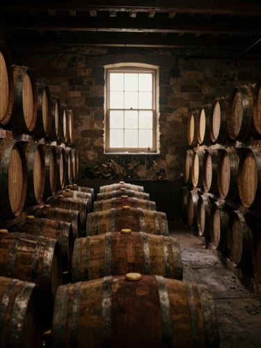 Wide environmental shot of an intimate, dimly lit Scottish dunnage warehouse, barrels stacked high in the shadows, soft golden light filtering through a window, 35mm