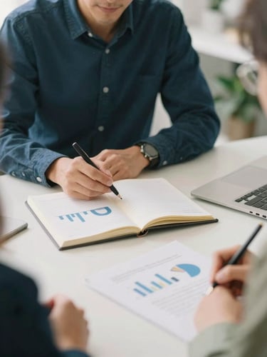 Over-the-shoulder shot of a collaborative financial consulting session, clean workspace, notebooks with neat charts, soft warm daylight, 35mm
