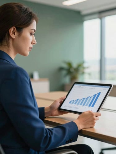 Uma consultora financeira elegante em um escritório moderno com luz natural, segurando um tablet com gráficos simples, vista de perfil, estilo fotográfico corporativo premium, 35mm.