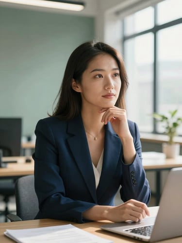 Thoughtful portrait of a female financial consultant in a clean modern office, warm natural daylight, professional and empathetic expression, 35mm