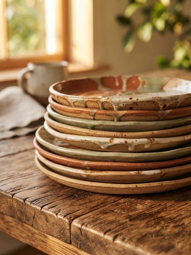 A stack of colorful hand-thrown ceramic plates with dripped glazes of terracotta and sage green, sitting on a rustic wooden table in golden-hour window light, warm editorial style, 35mm