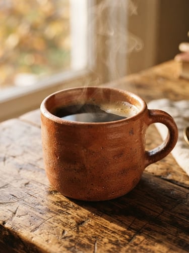Warm editorial photography of a steaming terracotta mug filled with black coffee on a rustic wooden table, cozy golden-hour window light, rich saturated colors, tactile macro depth of field, 35mm