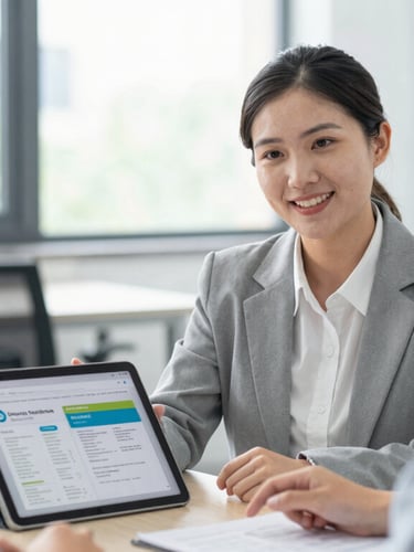 A professional academic counselor in a bright office, showing course modules on a tablet to an attentive student, natural daylight, shallow depth of field.