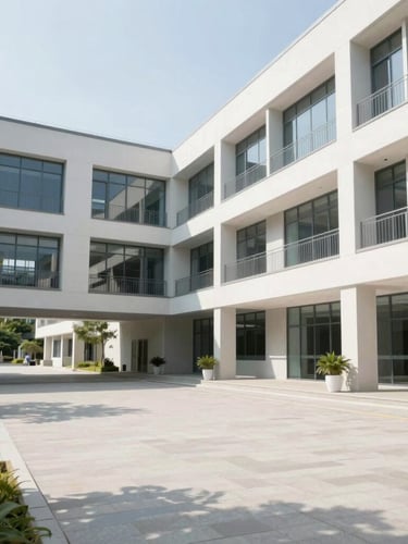 Bright architectural photography of a modern university campus courtyard with clean lines under natural daylight.