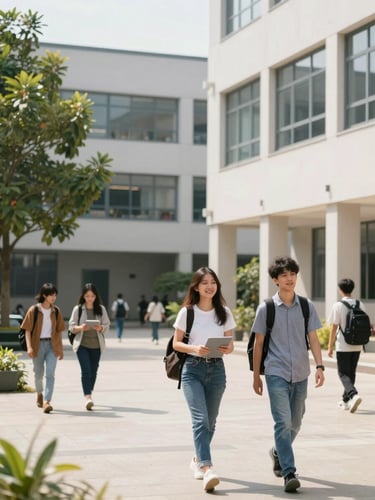 A bright, modern university campus courtyard with students walking between classes, natural daylight, clean academic environment.