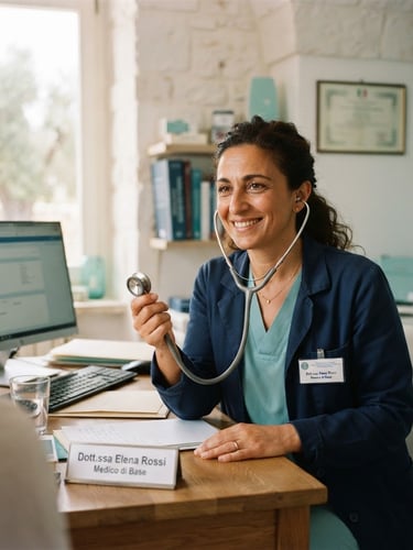 A professional Italian primary care doctor in a warm, naturally lit clinic in Puglia, holding a stethoscope, smiling reassuringly, soft teal accents, 35mm photography