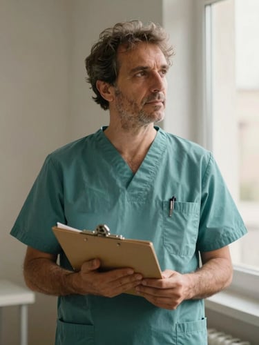 Environmental portrait of Dr. Piergiorgio Porro in a warm, naturally lit clinic in Puglia, holding a medical folder, looking thoughtfully towards the window, 35mm editorial photography, muted teal and slate tones