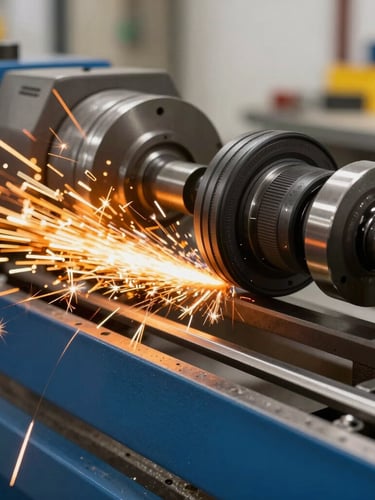 Lathe work in progress with controlled orange sparks, crisp workshop lighting, sharp focus on physical steel details, 50mm lens