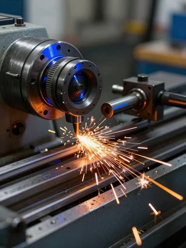 Close-up of a metal lathe in progress, bright orange sparks flying against clean steel, sharp focus, crisp workshop lighting with electric blue highlights, 50mm lens.