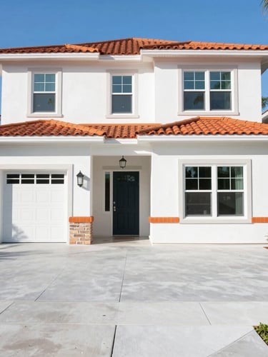 Bright natural daylight shot of a well-maintained Florida residential property exterior, clean lines, sharp focus, 50mm lens