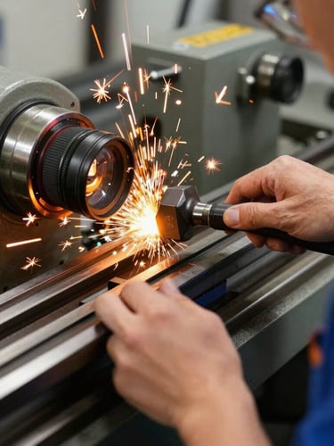 Close-up of a craftsman's hands operating a heavy-duty industrial lathe, safety orange sparks flying, crisp workshop lighting, 50mm lens