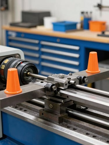 Sharp daylight photograph of a family-owned workshop in Callahan Florida, close-up of a heavy metal lathe with orange safety markers, clean and organized tool benches in the background, 50mm lens