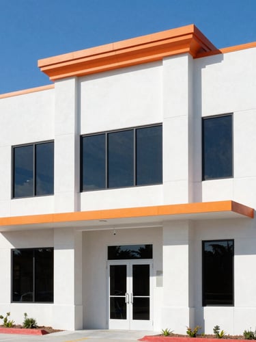 Bright high-contrast commercial photography of a modern, clean Florida commercial building facade under a clear blue daylight sky, sharp architectural lines.