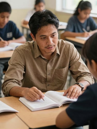 Warm editorial photograph of a local leader mentoring a student, both engaged in conversation over a textbook at a community center table, natural daylight, rich earthy tones, shallow depth of field, 35mm lens, focus on genuine interaction.