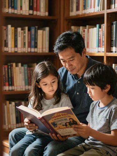 Candid shot of a mentor and a child reading together in a sunlit community library corner, warm natural light, rich earthy tones, shallow depth of field, 35mm lens