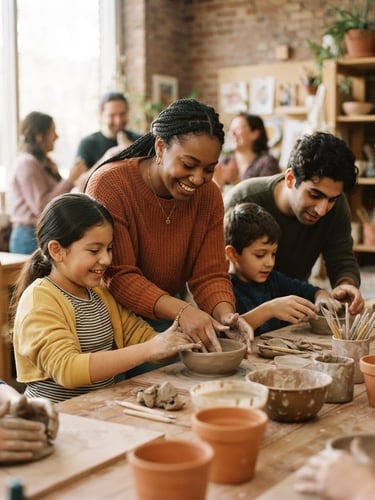 Warm editorial photograph of a diverse group of young adults and children engaged in a hands-on learning activity in a community center, natural daylight, rich earthy tones, shallow depth of field, 35mm lens