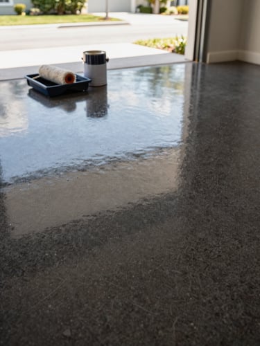 Close-up of a polished epoxy garage floor in a Florida home, deep charcoal flake finish reflecting the open garage door and bright midday sunlight, paint can and roller tray staged at the edge of the slab