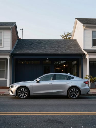 A clean modern silver sedan parked on a quiet street in historic Augusta, soft morning daylight, wide environmental framing, 35mm
