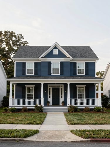 Clean straight-on architectural shot of a classic Southern residential home with a welcoming porch, soft morning overcast light, generous breathing room