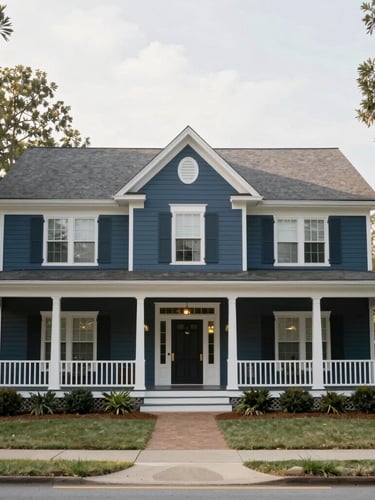 Classic Southern residential home with wide front porch under soft morning daylight, Augusta Georgia, clean architectural lines, 35mm