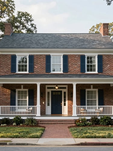 A classic southern brick home in Georgia with a clean front porch, framed by soft morning light, editorial architectural style.