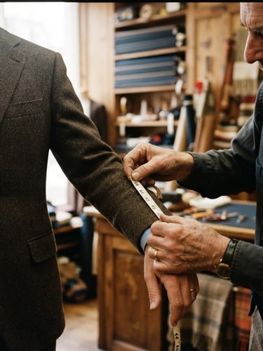 warm editorial photography, close-up of a tailor measuring a premium wool suit jacket, soft indoor light, rich classic tones, shallow depth of field, 35mm