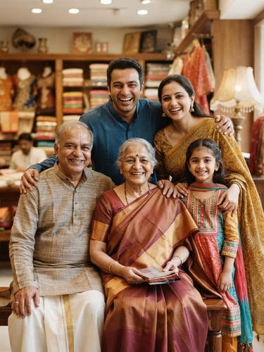 Warm editorial 35mm photograph of a multi-generational Indian family smiling together in a classic, well-lit retail space, soft natural indoor light, rich tones.