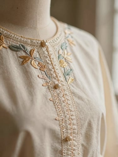A close-up of premium hand-stitched embroidery on an elegant garment, warm natural window light, shallow depth of field, 35mm.