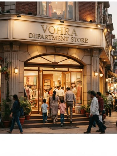 Warm environmental shot of the Vohra Department Store facade in South Extension, Delhi, soft evening light, elegant brass signage, families walking in, 35mm photography