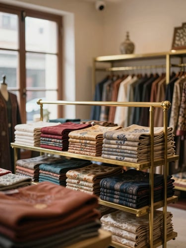 Warm editorial photograph of a neatly organized heritage department store interior in Delhi, soft natural window light reflecting on polished brass clothing racks and stacked premium textiles, 35mm shallow depth of field