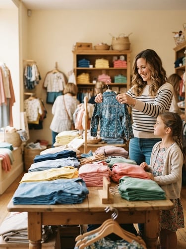 Wide indoor shot of a brightly lit children's clothing section, neatly folded colorful cotton shirts on wooden tables, a mother holding up a small jacket, warm natural window light, 35mm photography.