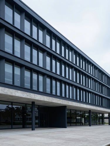 Wide architectural perspective of a modern concrete and steel corporate headquarters, clean lines, cool overcast daylight, deep blue tones