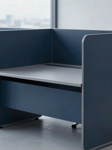 Clean structured corporate desk with architectural lines, cool overcast daylight, deep navy tones, professional 35mm photography
