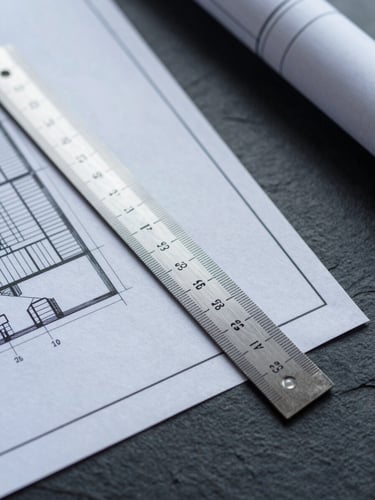 Tight macro detail of architectural blueprints and a steel drafting ruler on a dark slate desk, cool corporate lighting