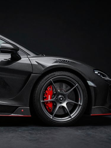 Dramatic low-key studio lighting reflecting on the sharp carbon fiber silhouette of a modern supercar, deep black background, sliver of red brake caliper visible, portrait aspect.