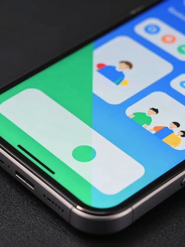 A close-up isometric render of a physical Android device displaying side-by-side layout differences with large touch targets on one half and educational UI on the other, sharp green and blue studio lighting.