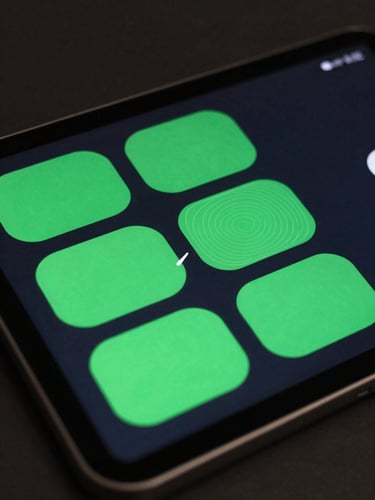 High-fidelity mockup of a child-friendly Android app interface on a tablet, displaying large rounded buttons with active touch-target wireframes highlighted in vibrant green, dark background