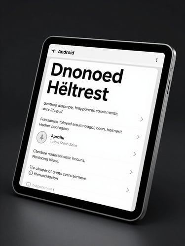A high-fidelity Android tablet mockup displaying a high-contrast, large-font medical interface designed for seniors, sharp emissive screen glow, dark studio setting