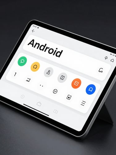 Isometric high-fidelity render of an Android tablet interface designed for seniors, featuring ultra-clear typography, high-contrast buttons, and simplified linear navigation, glowing in a dark studio setting.