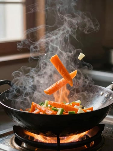 Steam rising from a hot wok over bright orange flames, fresh chopped vegetables flying in mid-air, dark kitchen background, warm moody editorial style