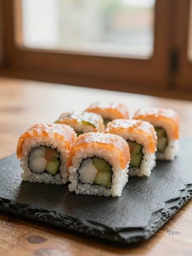 Warm editorial food photography of freshly rolled sushi on a dark slate plate, soft natural window light, shallow depth of field, 35mm