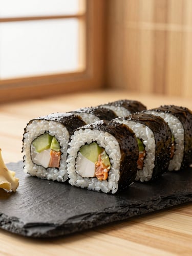Warm editorial food photography of freshly rolled sushi on dark slate, ginger slices, soft bamboo background, warm window light, 35mm