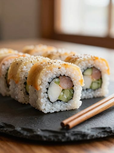 Close-up of freshly rolled premium sushi on a dark slate plate, wooden chopsticks resting on the side, soft warm lighting, bokeh background