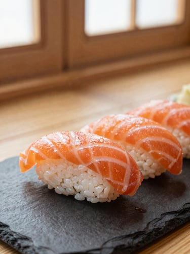 Macro shot of freshly rolled salmon nigiri sushi on a dark slate plate, warm bamboo tones in background, soft natural window light, shallow depth of field, 35mm