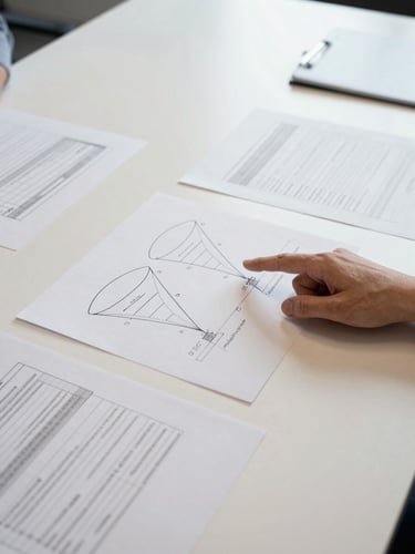 Wide-angle overhead shot of a strategy session in progress — printed funnel diagrams and annotated spreadsheets spread across a white conference table, a single hand pointing at a highlighted conversion gap, clean north-facing office light, no people visible above the wrist