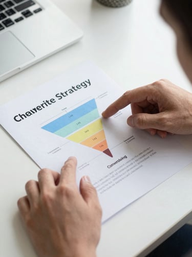 Close overhead angle of a printed marketing strategy document on a clean desk, hands pointing at a conversion funnel diagram, bright north-facing office light, no eye contact, analytical work in progress